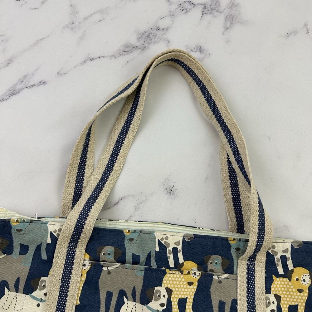 Turquoise Mountain Dog Print Canvas Tote Bag Blue White Handmade Zipper Top - Picture 2 of 11
